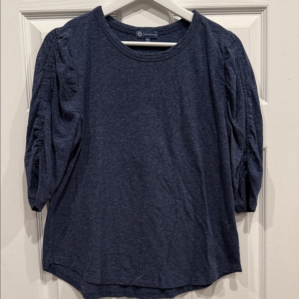 Democracy Navy Long Sleeve Tee with Ruched Sleeves